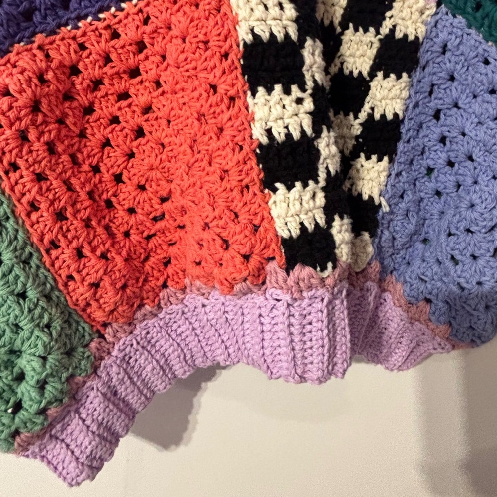 Handmade Crochet Patchwork Sweater Rainbow Granny Square Checkerboard Cropped - Picture 5 of 10